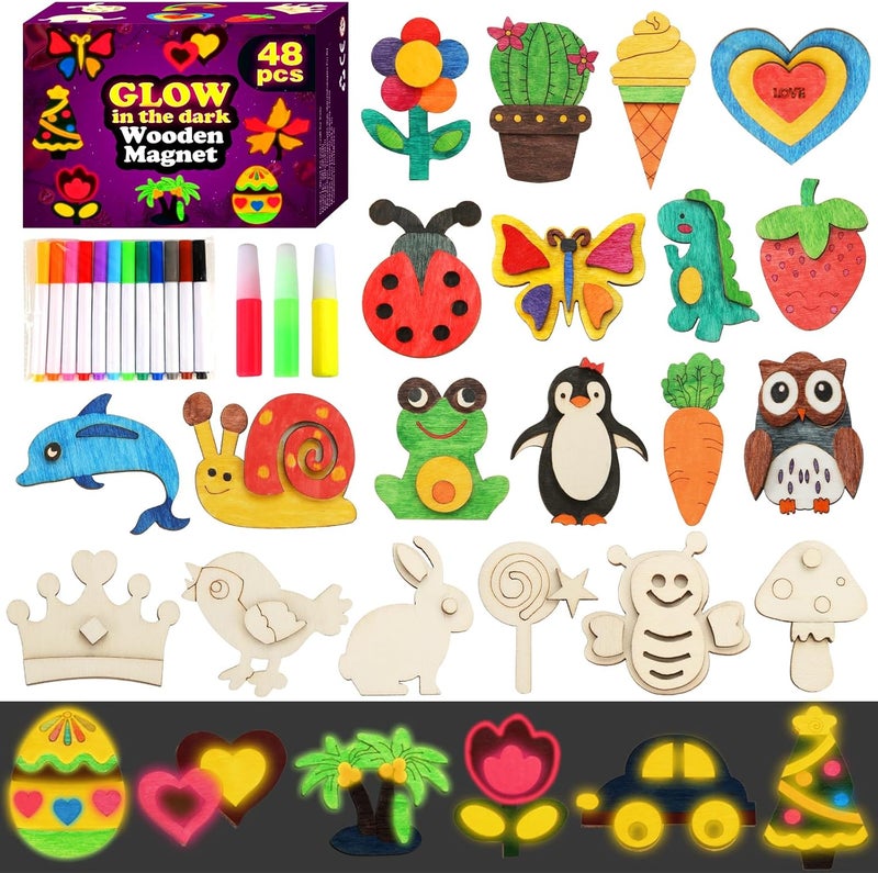 Worgree 48 Pcs DIY Wooden Magnets, Wooden Art Craft Supplies Painting Kit for Kids Ages 4-8 8-12 Glow in The Dark Party Favors Goodie Bag Stuffers Birthday Gifts Toys for Boys Girls - Image 1